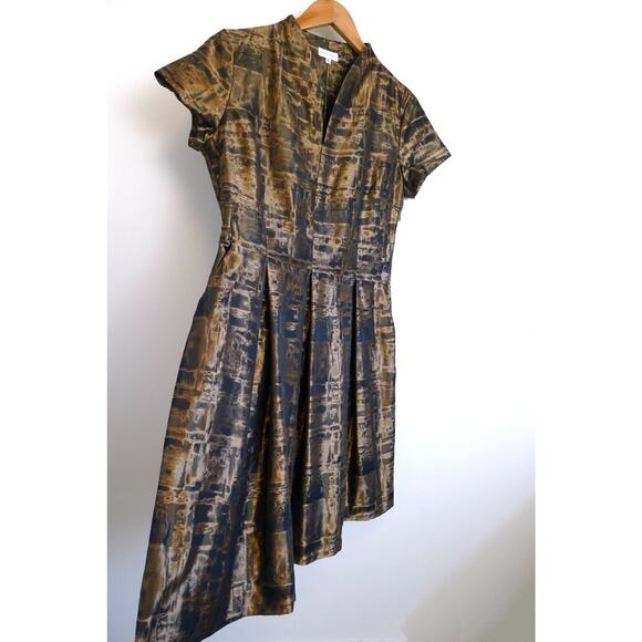 ALBA CONDE SPAIN Structured A-Line Pleat Gold Bronze Dress YOOX 40 6 M $595 - Picture 2 of 11